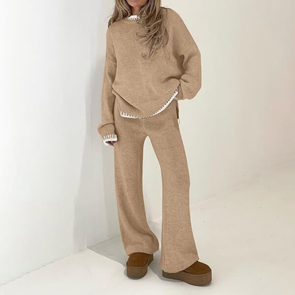 Sweater Knit Casual Long Sleeve Pullover Wide Leg Pants Suit - Image 2