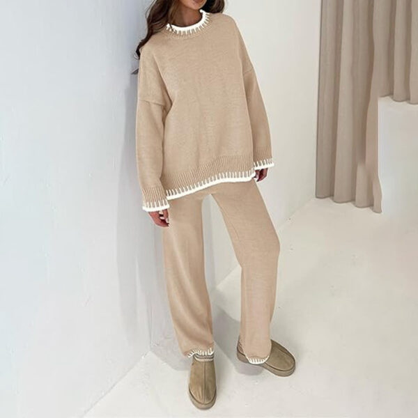 Sweater Knit Casual Long Sleeve Pullover Wide Leg Pants Suit