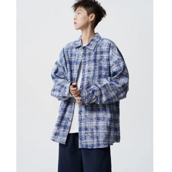 Retro Patchwork Contrast Color Tie-dyed Lazy Plaid Loose Leisure College Style Lapel Long Sleeve Shirt - Image 6