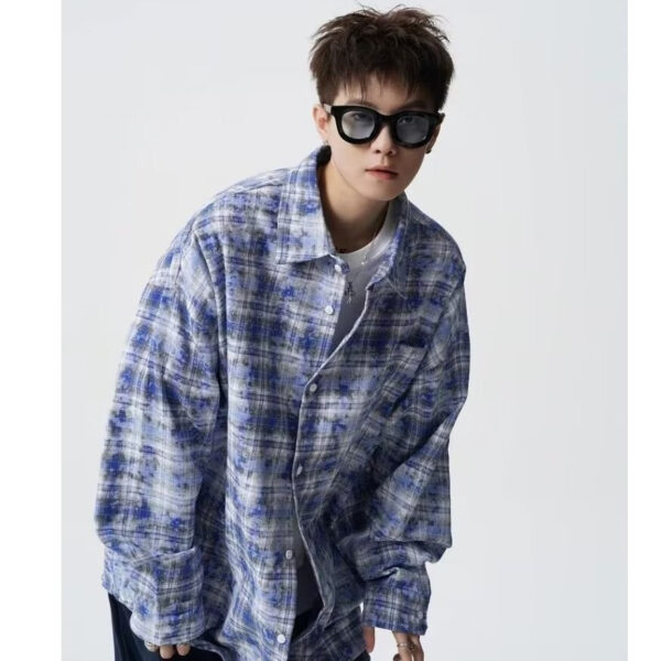 Retro Patchwork Contrast Color Tie-dyed Lazy Plaid Loose Leisure College Style Lapel Long Sleeve Shirt - Image 3