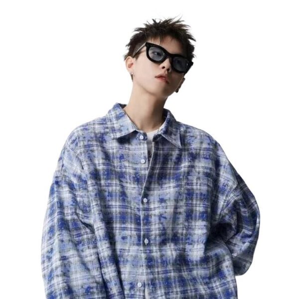 Retro Patchwork Contrast Color Tie-dyed Lazy Plaid Loose Leisure College Style Lapel Long Sleeve Shirt - Image 5